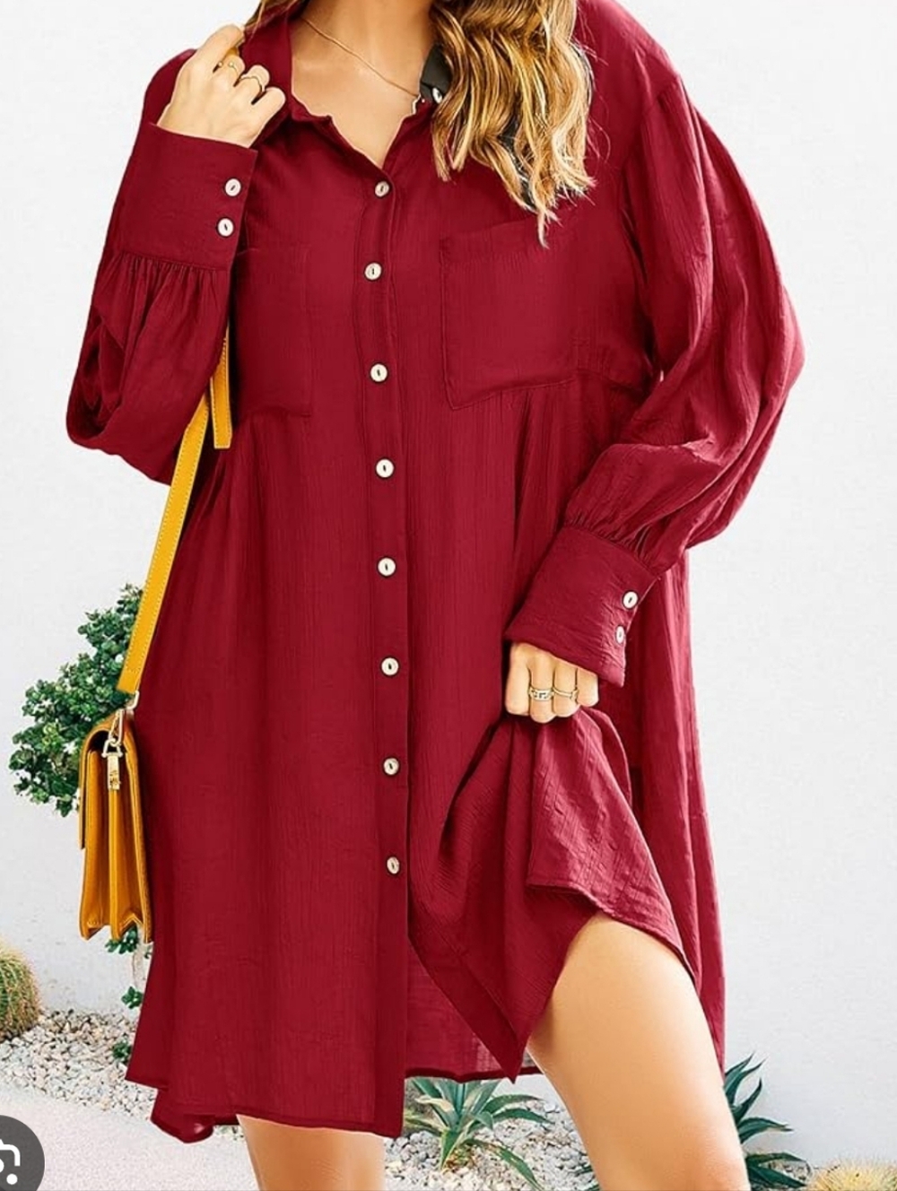 Btfbm Women's Button-Front Burgundy Shirt Dress